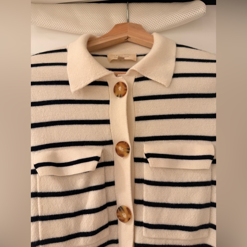 Sezane Betty Navy Striped Button-Up Cardigan - Picture 5 of 11